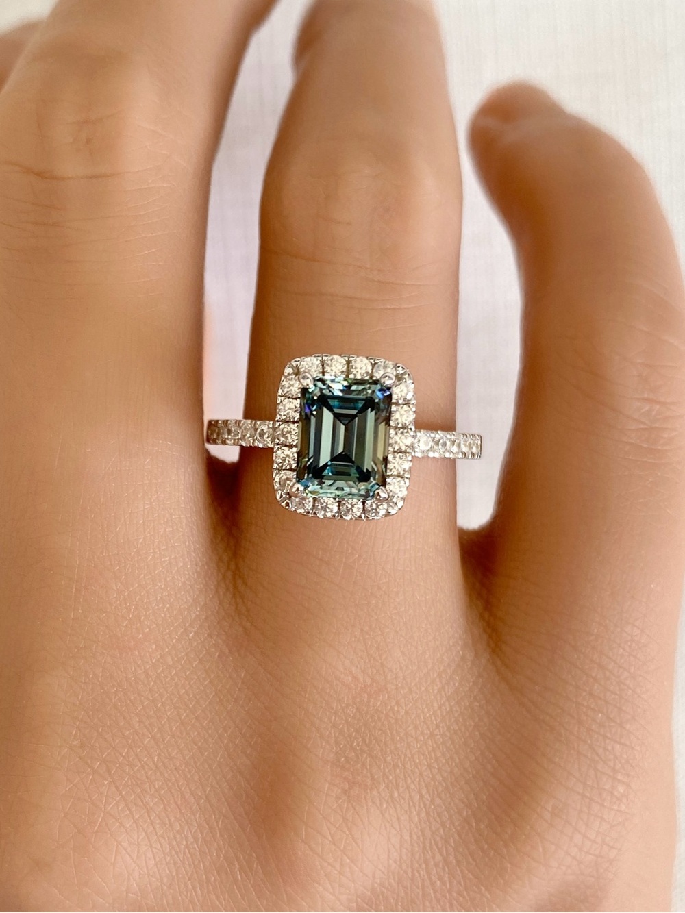 Emerald Cut Gray Blue Moissanite Diamond Sterling Silver Halo Round CZ Ring